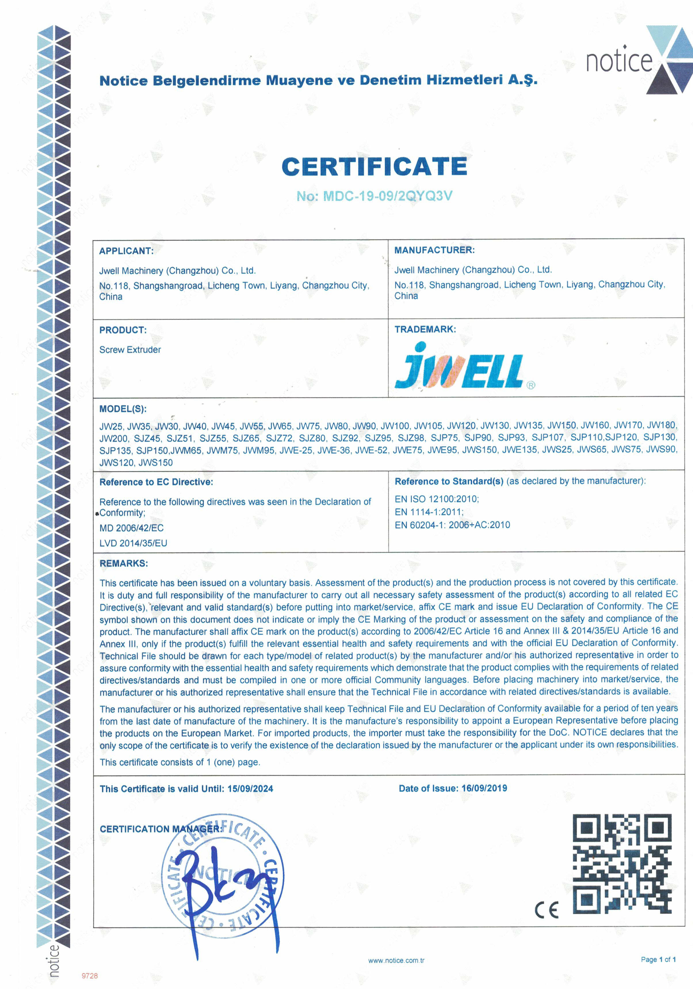Китай Jwell Machinery (Changzhou) Co.,ltd. Сертификаты